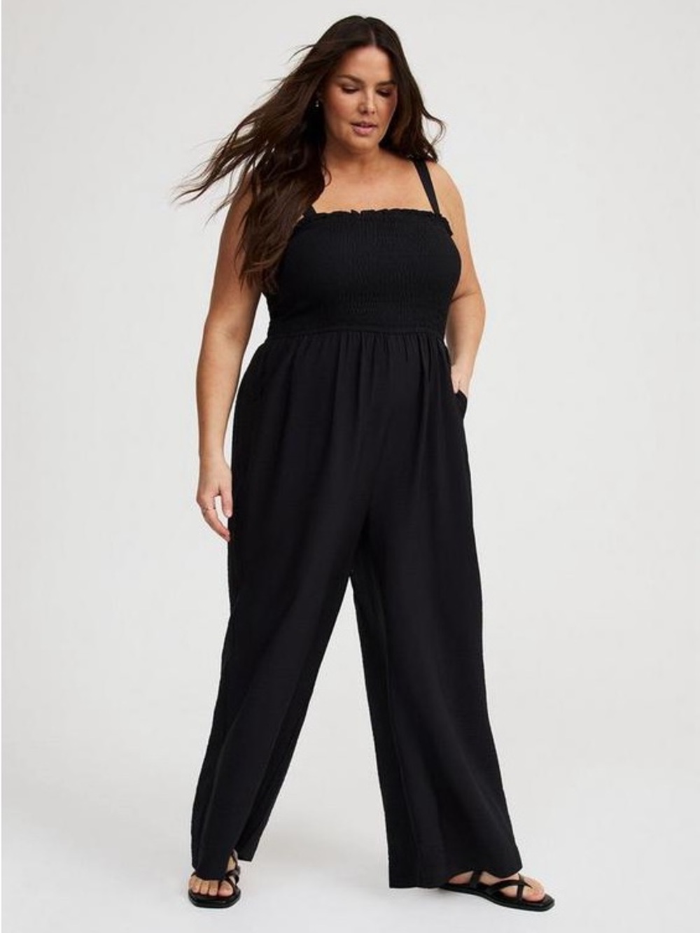 torrid Black Smocked Strap Wide-Leg Jumpsuit